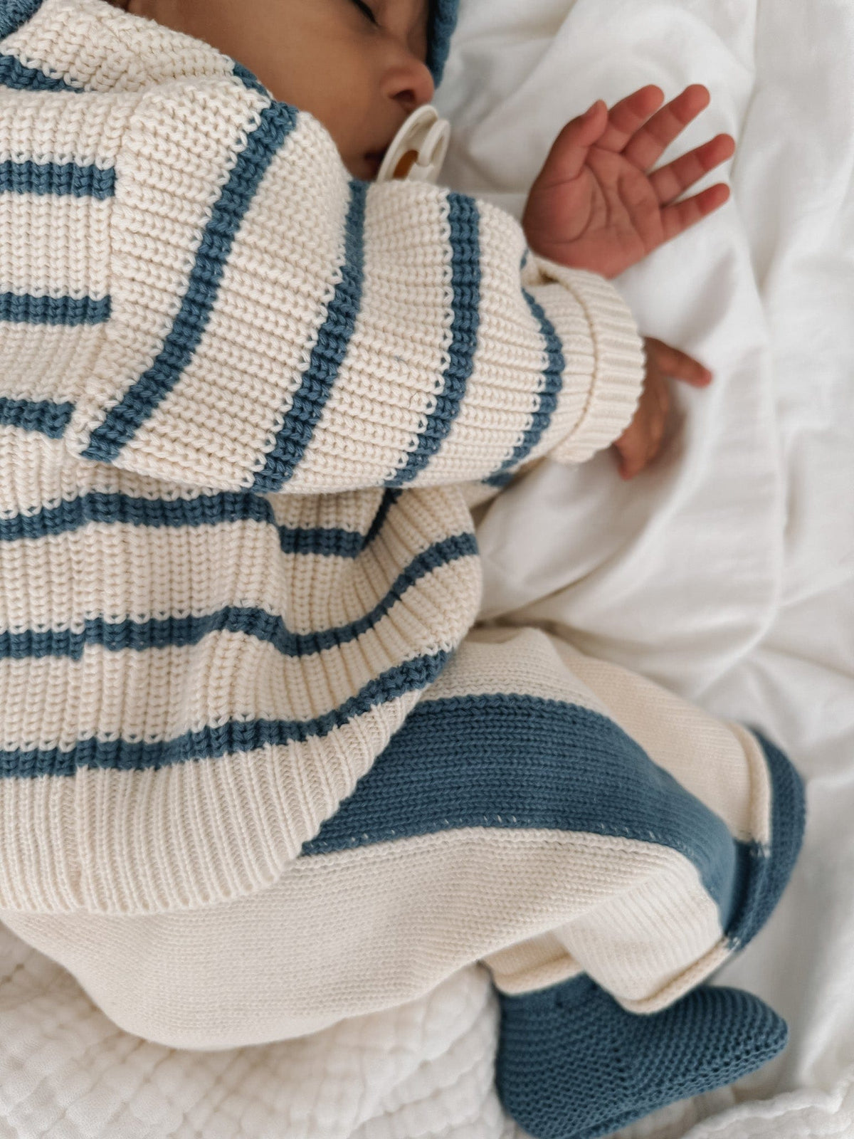 Knit Striped Pants - Cream & Denim Blue