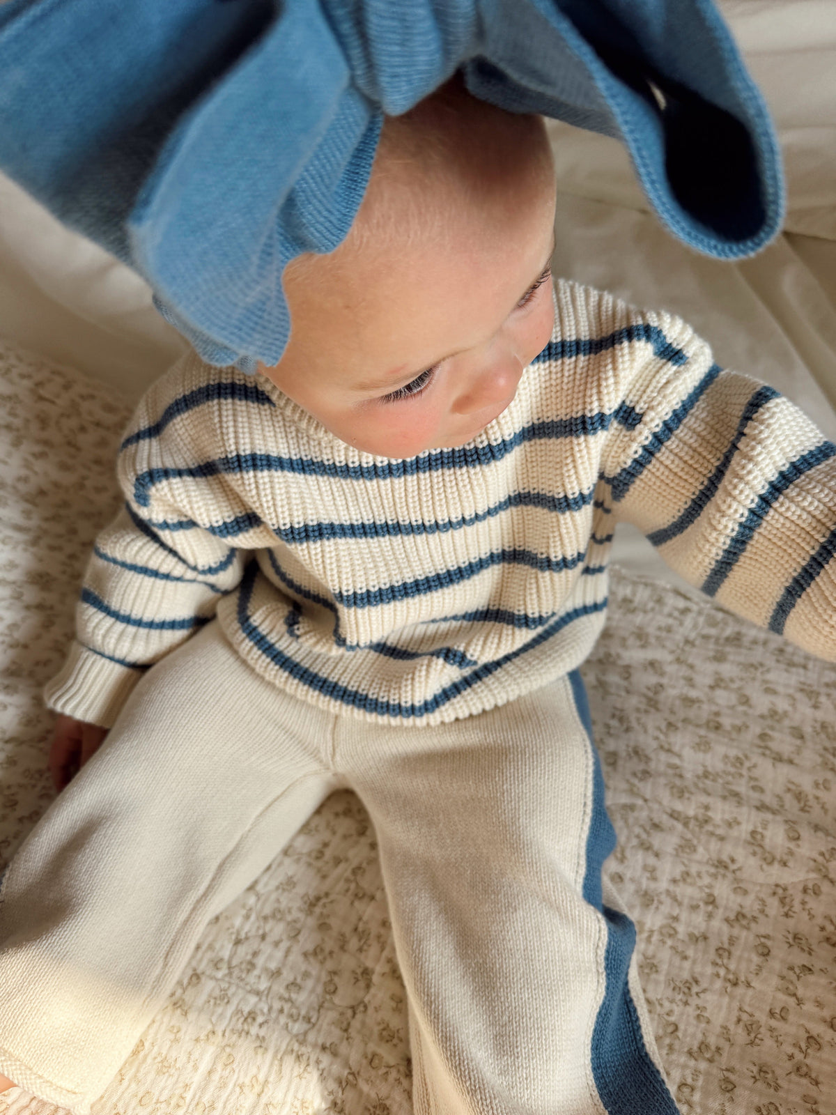 Knit Striped Pants  - Cream & Denim Blue